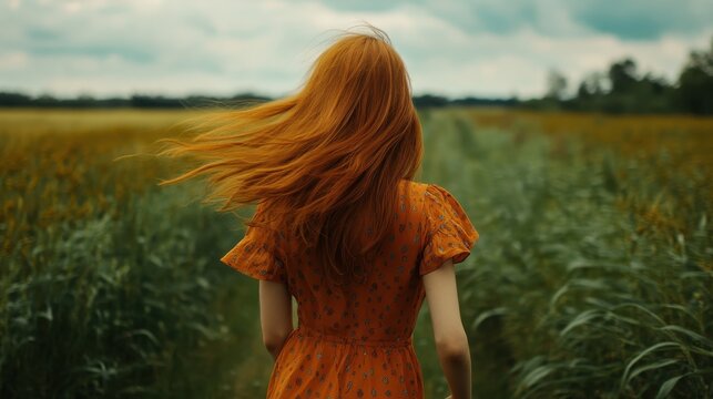 A woman with red hair running through a grassy field wearing an orange dress from the back view - Powered by Adobe