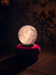 fortune telling, a crystal ball on a velvet cushion, glowing in a dim room, casting shadows on the walls, holding mysteries of fate yet to be revealed