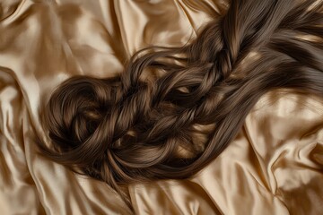 Close up of a brown braided hair extension resting on a gold satin fabric with soft lighting