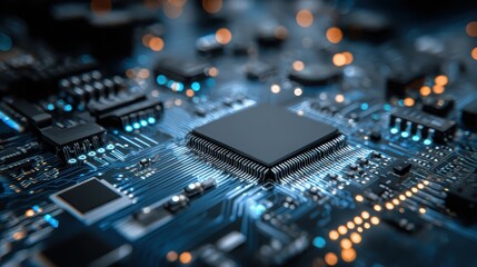 Close-up of a computer motherboard with integrated circuits and electric components. Useful for illustrating technology, data science, AI, or computer engineering.