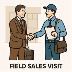 Fototapeta premium Cartoon illustration of a businessman shaking hands with a service worker, likely a field sales visit.