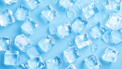 Ice cubes scattered on a light blue surface