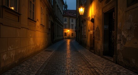Fototapeta premium A narrow, paved alleyway at dusk, lit by streetlamps