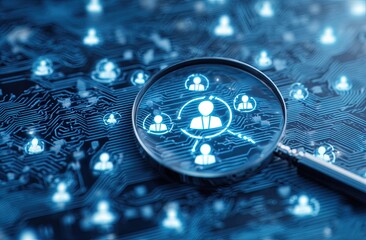 Magnifying glass focusing on network of people icons over a circuit board
