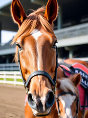 Close-up of the head of a chestnut Thoroughbred racehorse going out to the track with a lead pony with a bridle and snaffle bit.