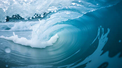 Inside view of a dynamic, foamy ocean wave