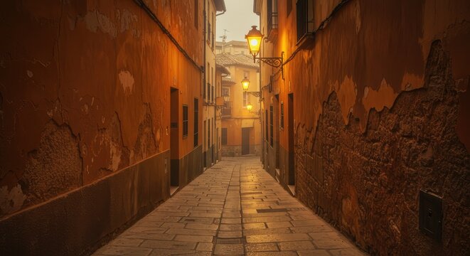 A narrow, sun-drenched alleyway, bathed in golden light, leads into a misty morning