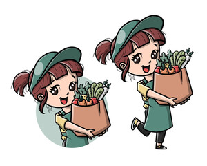 Girl in green hat with groceries in a brown bag, perfect for food, shopping, sustainable living, and ecofriendly concepts.