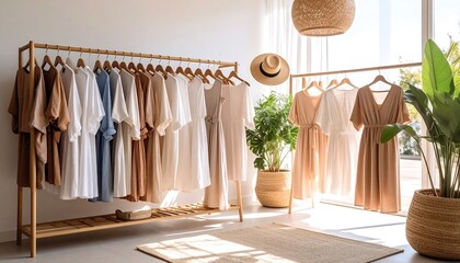 Light-filled room displays clothing racks