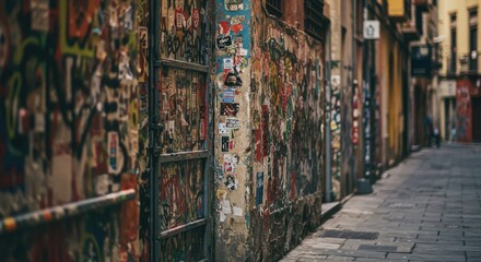 Naklejka premium A narrow urban alleyway lined with graffiti-covered buildings