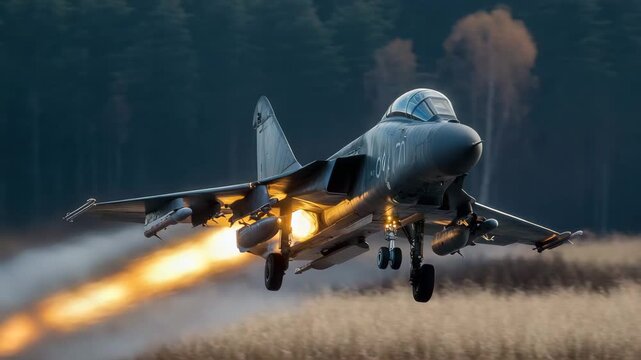 Dramatic Fighter Jet Takeoff with Afterburners Ignited Military Aviation Power