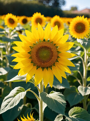 Yellow sunflower in the garden on a sunny day, close up. Summer and autumn background