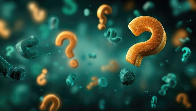 Question marks, teal and orange, float in a dark teal background