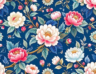 Floral pattern of peonies and blossoms on a deep blue background.  Detailed illustration of various flowers, leaves, and berries, in shades of pink, white, and cream, on a dark blue backdrop.  