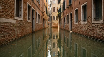 A narrow Venetian canal, flooded and reflecting the buildings