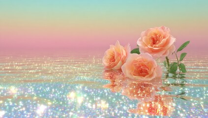 Delicate peach roses float on a shimmering pastel water surface