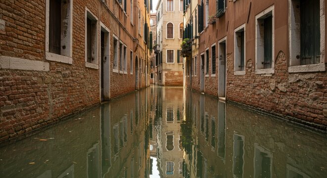 A narrow Venetian canal, flooded and reflecting the buildings