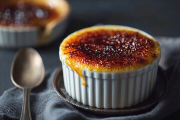 Cr?me br?l?e in ramekin, caramelized sugar topping