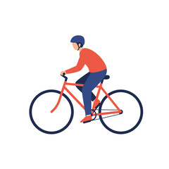 Fototapeta premium A cyclist wearing a helmet and red shirt is riding a red bicycle against a white background.