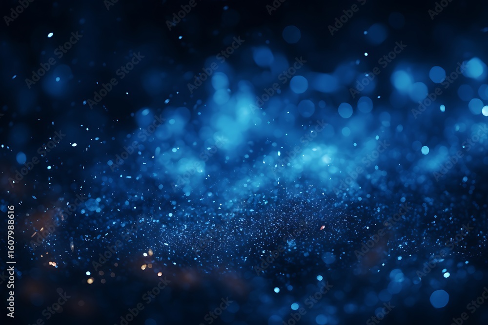 Poster a dark blue background with bokeh effect and small particles scattered throughout the composition sc