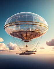 A futuristic airship sails through serene skies, showcasing innovation and design.