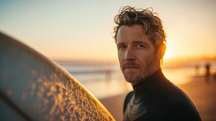 Portrait of a surfer holding a surfboard, golden beach sunset, active lifestyle portrait 