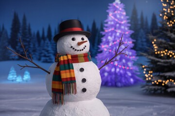 Obraz premium Snowman with Hat and Scarf in Snowy Landscape