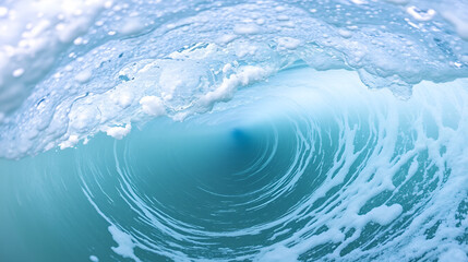 Inside view of a dynamic, foamy ocean wave
