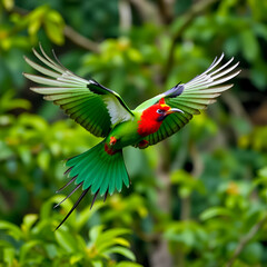 Flying Resplendent Quetzal, Pharomachrus mocinno, Costa Rica, with green forest in background. Magnificent sacred green and red bird. Action flight moment with Quetzal, beautiful exotic tropic bird.
