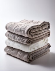 Stylish stacked blankets in neutral tones with modern textures for cozy home decor.