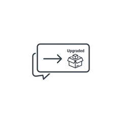 Fototapeta premium Graphic illustration of an upgrade notification with an arrow pointing to an open box containing a cube inside a speech bubble.