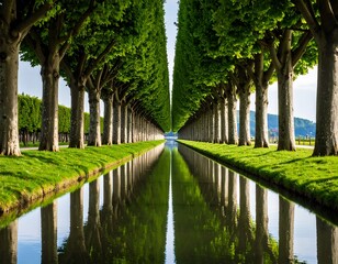 Formal tree-lined canal, perfect reflection