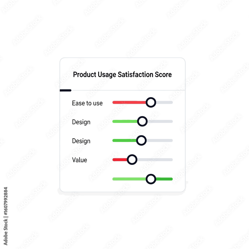 Aufkleber product usage satisfaction score graphic showing ease of use, design, and value with sliders indicat