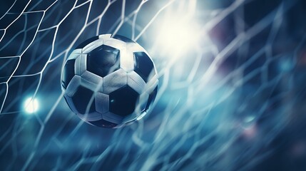 A soccer ball captured mid flight as it enters the net against a bright blue and white background