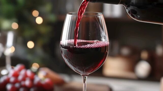 An elegant glass of wine being poured, offering a moment of indulgence and refinement, the deep red liquid swirling invitingly, capturing a sensory experience.