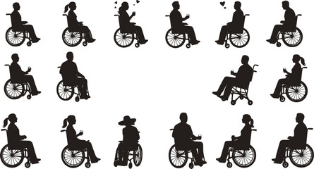 Couple in wheelchair vector silhouette set