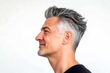 Fototapeta premium Trendy men's soft perm haircut - midlife arabian man with short hair. A classic beauty man with timeless elegance. Idea of style for aging men. Pure white solid background.