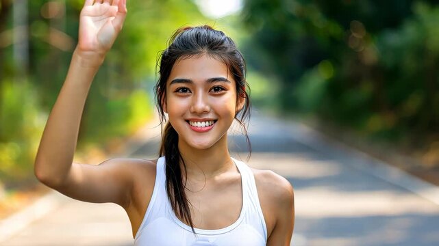 Joyful Salutation: A youthful, athletic individual waves hello on a scenic pathway, radiating warmth and energy.