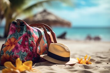 A floral bag and straw hat on a sandy beach with a tropical background on a sunny day vacation vibes
