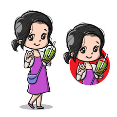 Girl with bubble tea doing peace sign. Cute and fun illustration. Perfect for social media posts and beverage promotions.