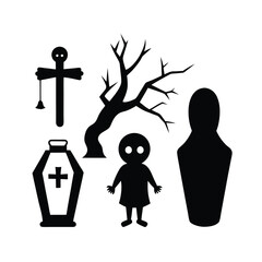 Collection of spooky halloween icons featuring a voodoo doll old lantern and ghost silhouette