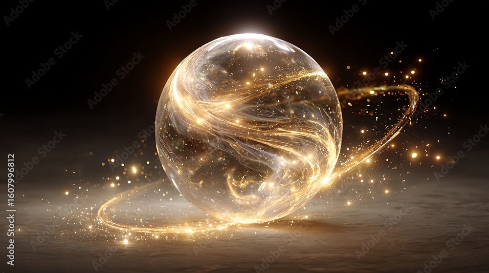 Aufkleber a glowing orb with golden trails swirling around it on a dark background with sparkling particles
