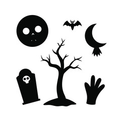 Spooky halloween graphic elements collection featuring a gravestone silhouette and more