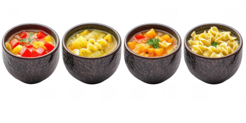 Four bowls of soup variations on transparent png background