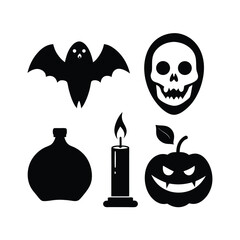 Six piece halloween graphic design pack featuring vampire lips and spell potion silhouette