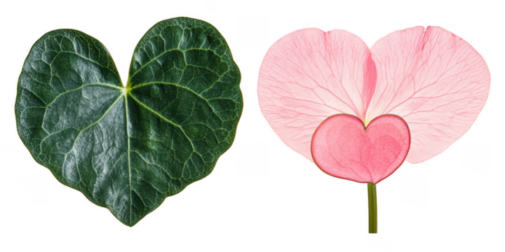 Two heart shaped leaves side by side on transparent png background