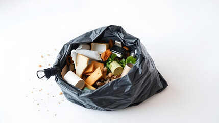A black trash bag filled with waste on a clean white surface