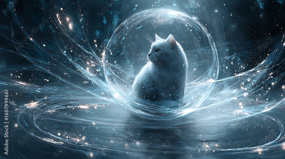 Poster a white cat sits inside a glowing orb surrounded by swirling light and sparkles in a dark setting