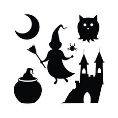 Bundle of black silhouette graphics featuring a witch flying on a broomstick