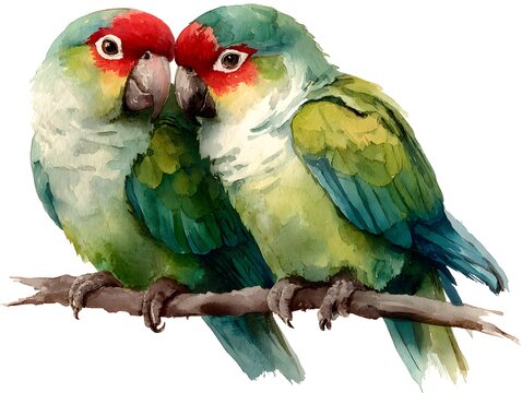 Two colorful parrots perch together on a branch in this beautiful watercolor illustration on white background.